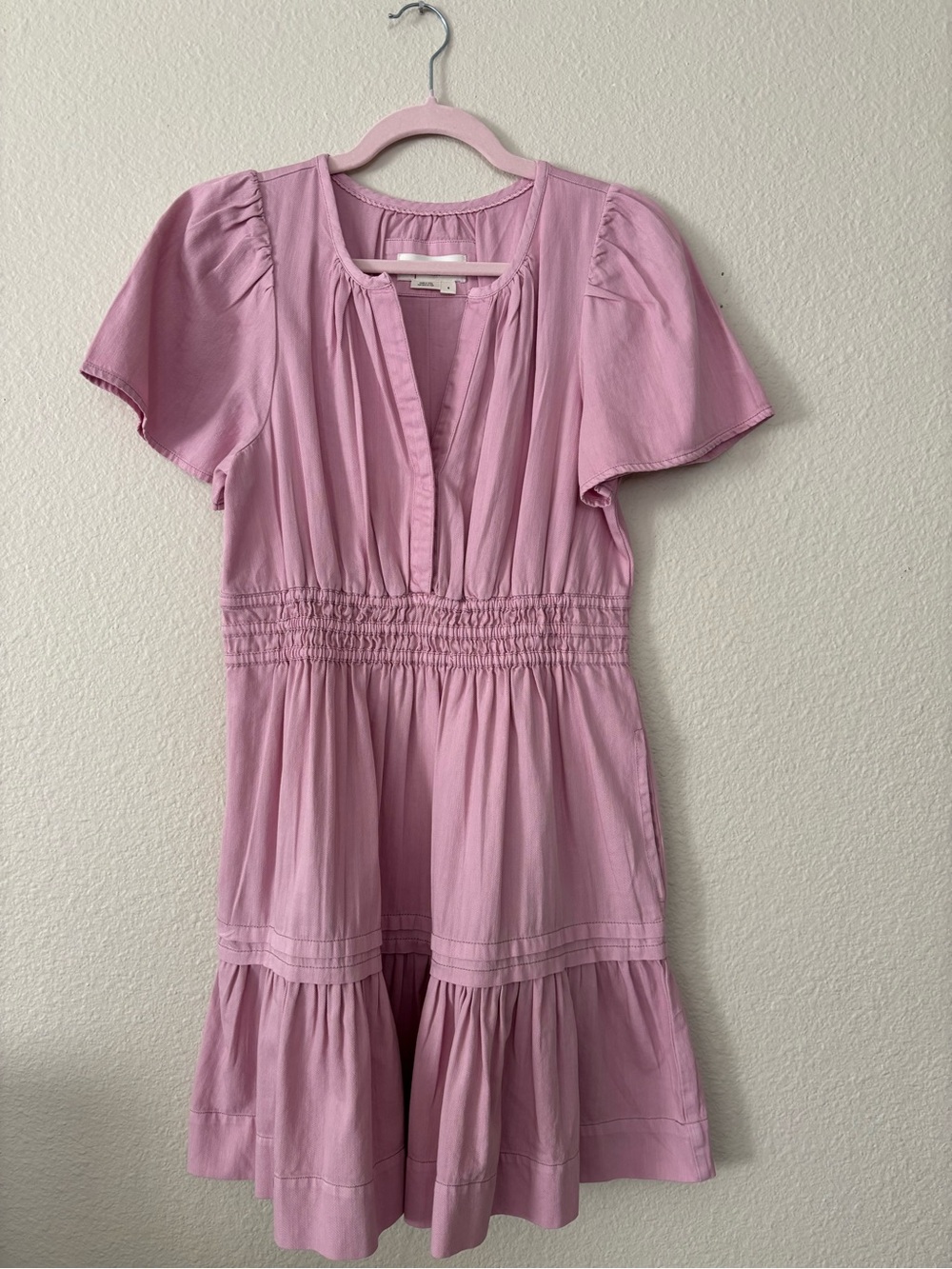 Anthropologie Pink Smocked-Waist Tiered Cotton Dress Casual Dressy Feminine Smal